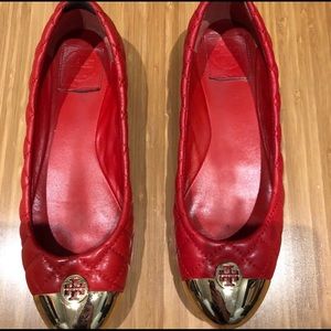 Tory Burch red and gold quilted flats